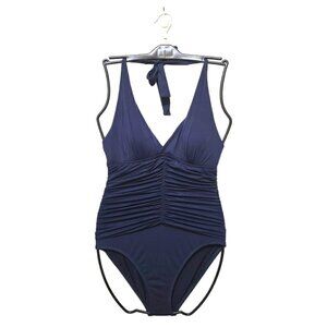 La Blanca Goddess Navy Halter Shirred One Piece Swimsuit Size 6